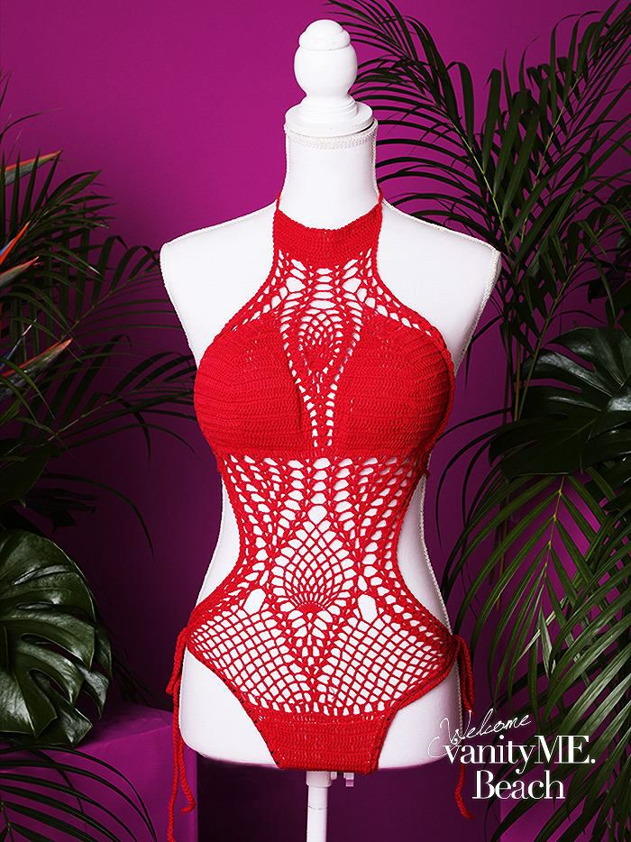 水着 かぎ針あみ モノキニ ハイネック 超細身効果!! レッド vsw-d013-4