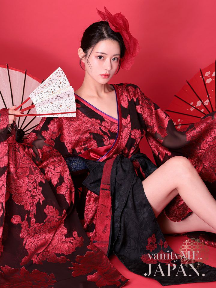 2点セット】花魁 大奥 ミニ花魁コスプレ 牡丹 黒×赤 和柄 本格和装