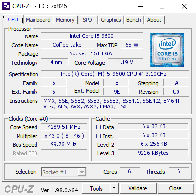 Intel Core i5 9600 @ 4289.51 MHz - CPU-Z VALIDATOR