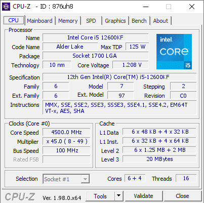 Intel Core i5 12600KF @ 4500 MHz - CPU-Z VALIDATOR