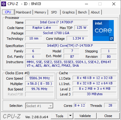 Intel Core i7 14700KF @ 5586.34 MHz - CPU-Z VALIDATOR