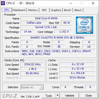 Intel Core i5 8400 @ 3799.52 MHz - CPU-Z VALIDATOR