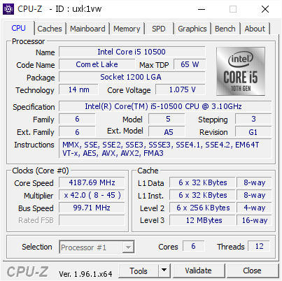Intel Core i5 10500 @ 4187.69 MHz - CPU-Z VALIDATOR