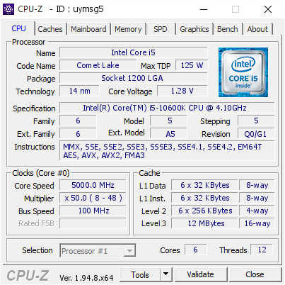 Intel Core i5 @ 5000 MHz - CPU-Z VALIDATOR