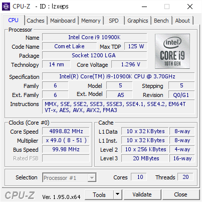Intel Core i9 10900K @ 4898.82 MHz - CPU-Z VALIDATOR
