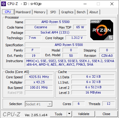 AMD Ryzen 5 5500 @ 4325.51 MHz - CPU-Z VALIDATOR