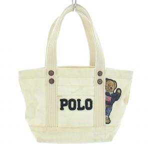 ポロベア トートバッグ ハンドバッグ キャンバス ワッペン 白 ホワイト