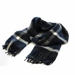 ウール カシミヤ チェック マフラー ストール フリンジ べージュ 紺