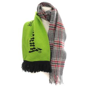 17AW マフラー ニット ストール チェック ロゴ 切替 グレー 黄緑（2023