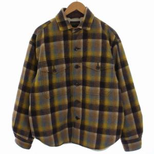 裏ボアシャツジャケット チェック柄 ウール ナイロン S 黄 イエロー 茶