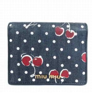 財布 二つ折り フラップ さくらんぼ デニム ドット 総柄 紺 ネイビー
