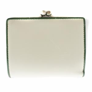 二つ折り財布 ウォレット がま口 ロゴ レザー バイカラー ベージュ 緑