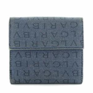 二つ折り財布 ロゴマニア Wホック デニム生地 レザー 青 ブルー（2024