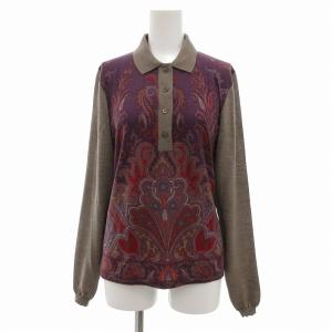 ポロシャツ 長袖 ニット切替 ペイズリー柄 42 茶 ブラウン 紫 パープル