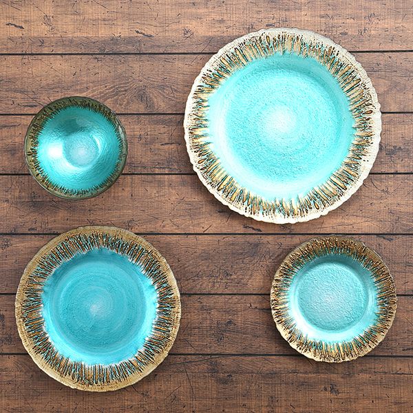 フラッシュ プレート 33cm ターコイズブルー＆ゴールド | Vetro Felice