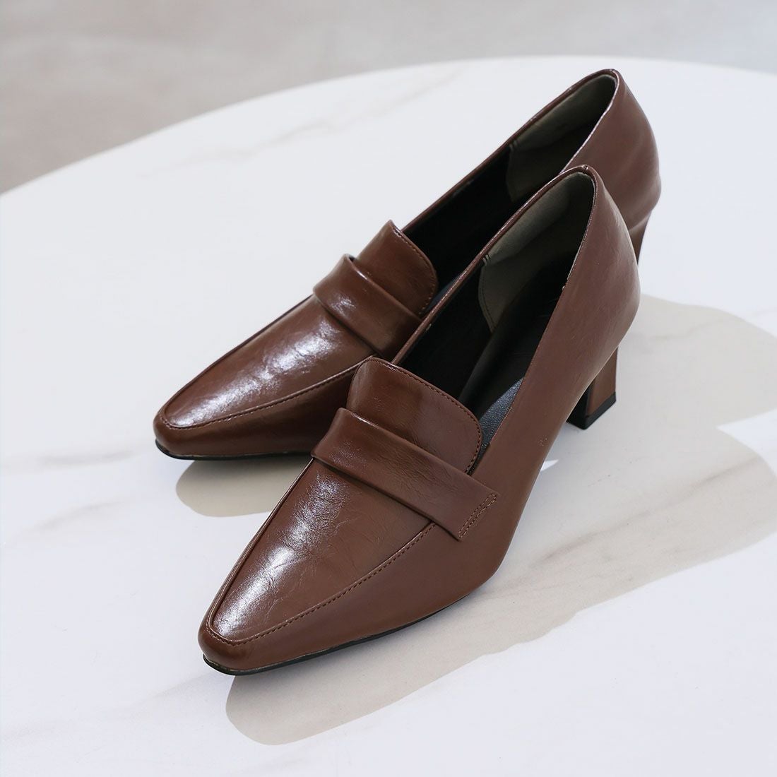 2026年春新色】スクエアトゥデザインヒールローファーパンプス ｜靴