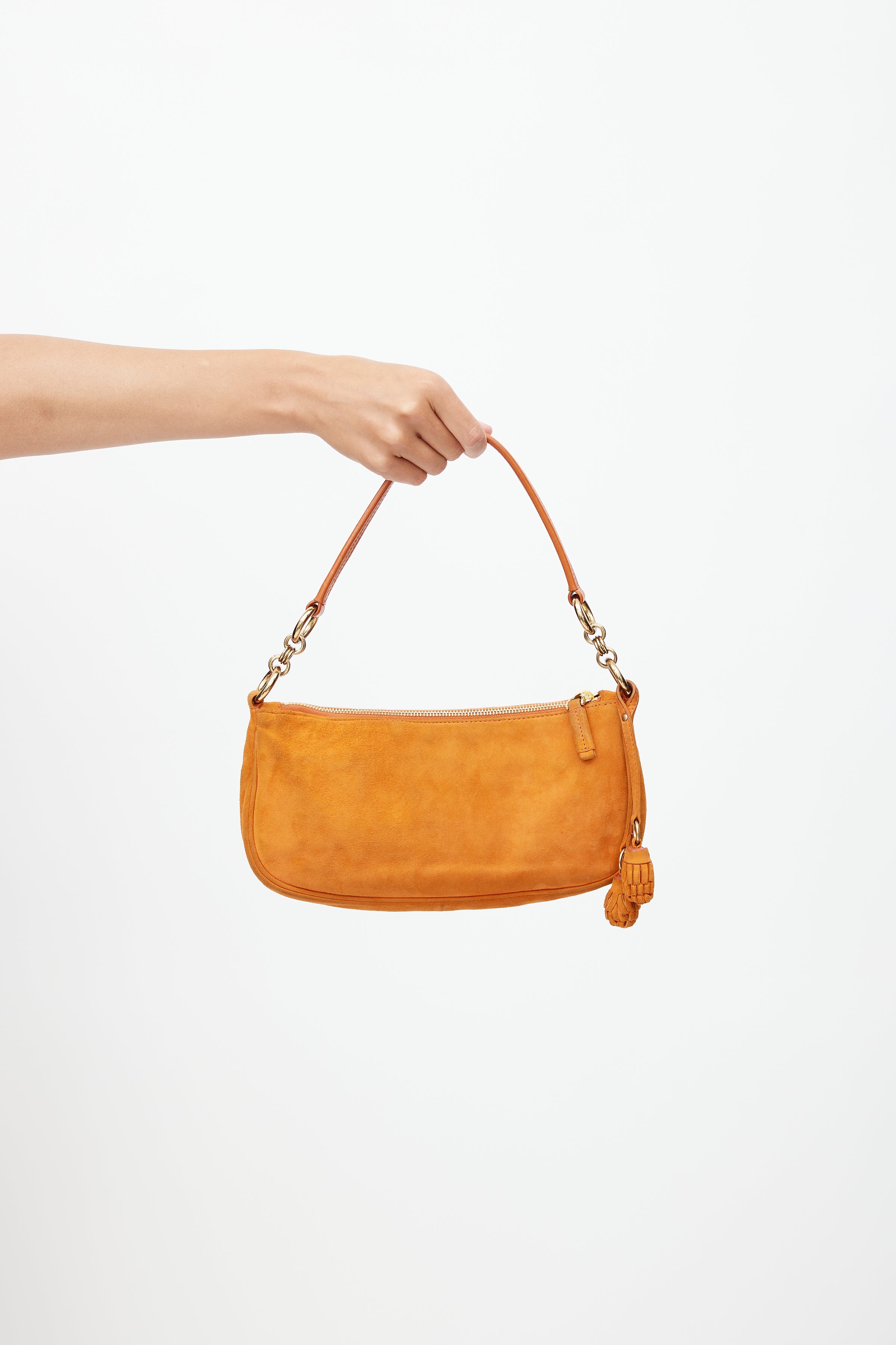 Prada // Vintage Orange Suede Pom Pom Shoulder Bag – VSP Consignment