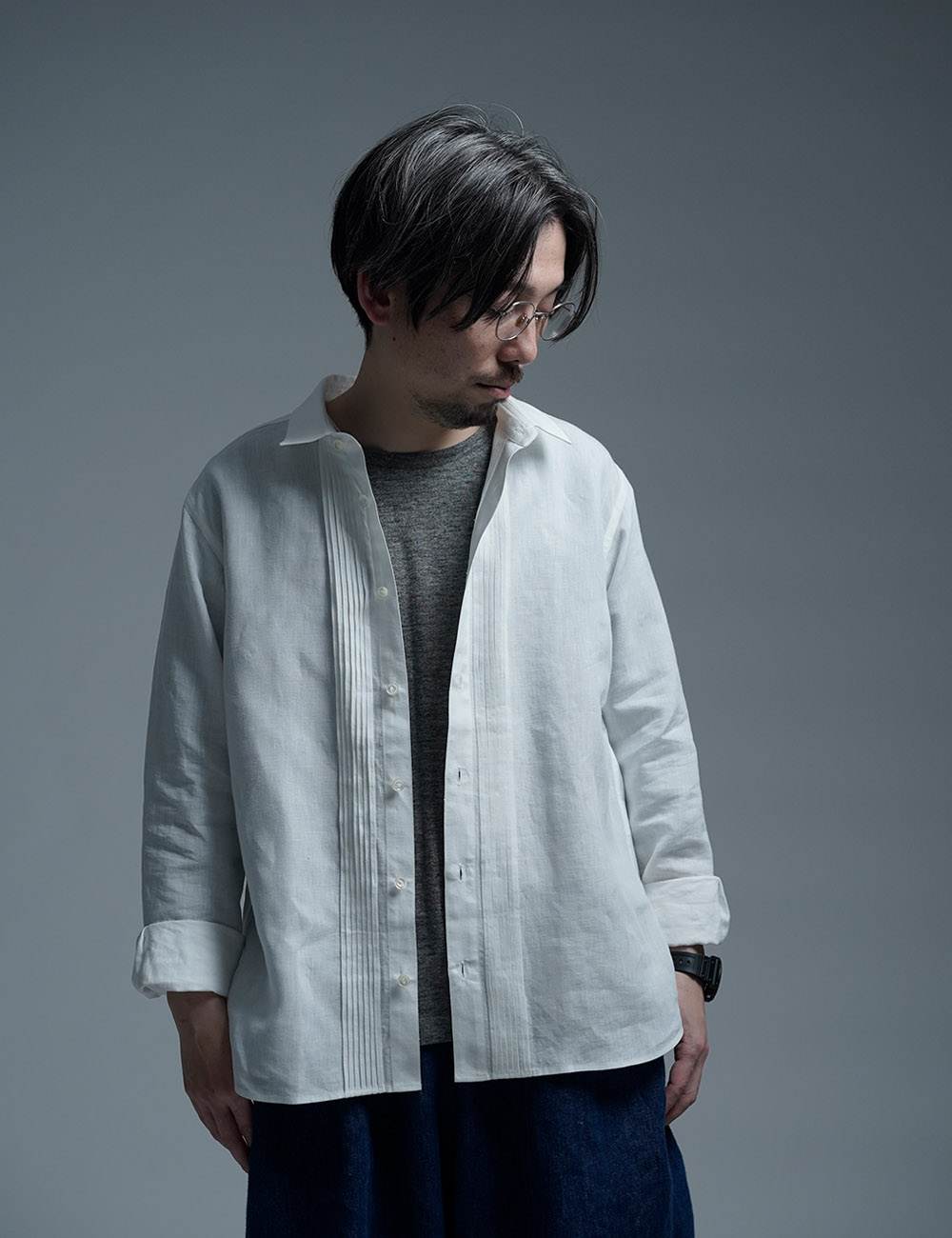 やや薄 国内織り超高密度リネン ピンタック シャツ /ホワイト t032k-wht1