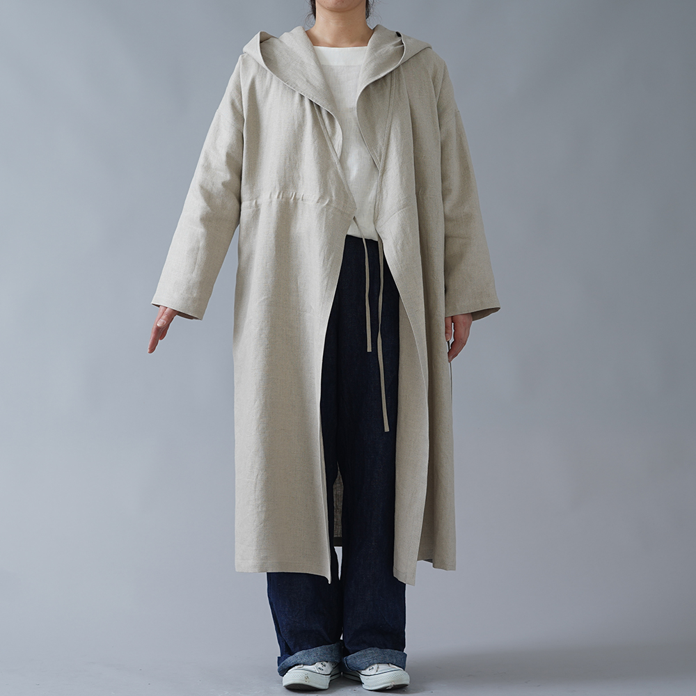 wafu】中厚 リネン カシュクール フードコート ロング丈 長袖