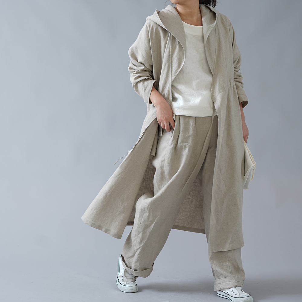 wafu】中厚 リネン カシュクール フードコート ロング丈 長袖