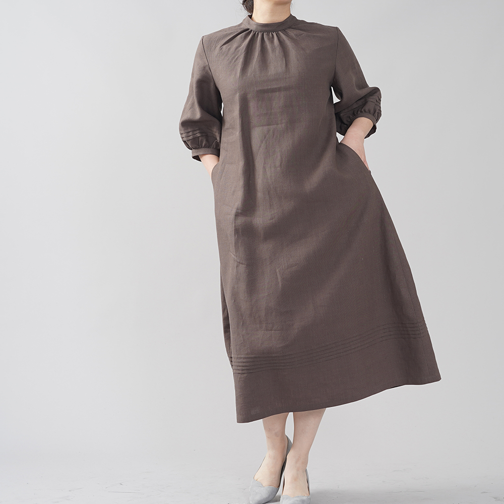やや薄地 リネン ワンピース 美ネックドレス ピンタック スタンド