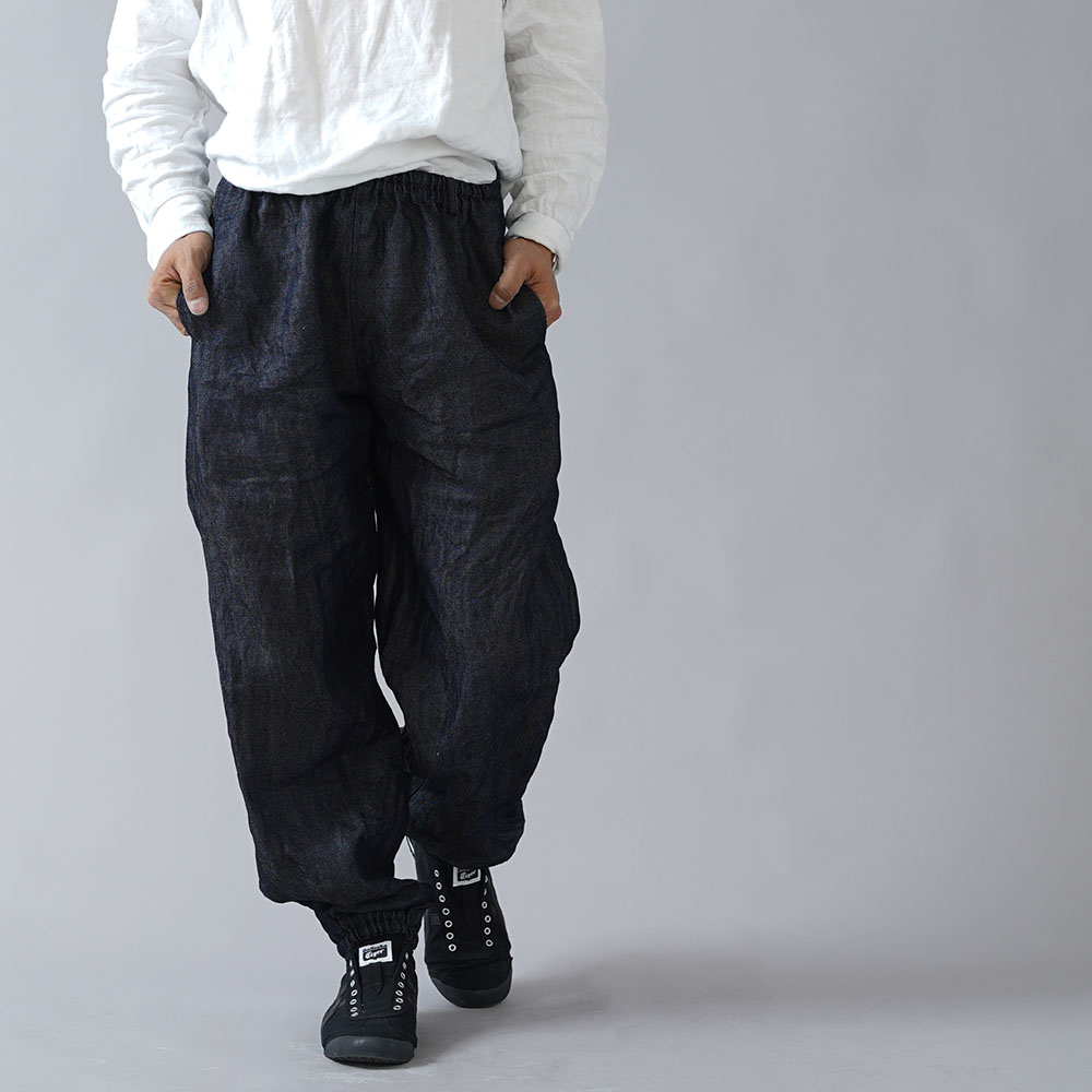 リネンパンツ】リネン100% デニム もんぺ /ダークインディゴ b005f-din3