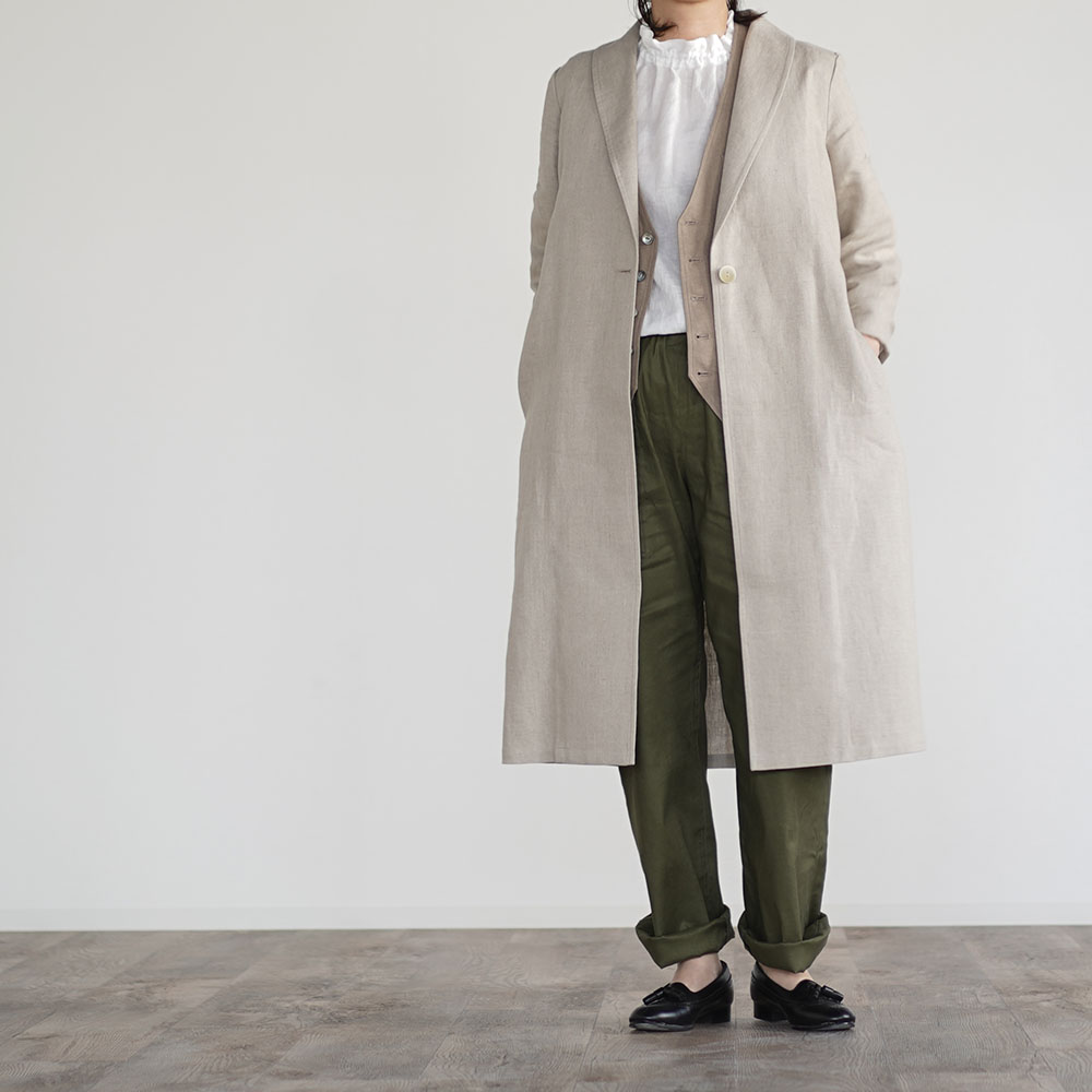 中厚 リネン羽織 アウター ロング丈 ショールカラーコート ヘチマ襟