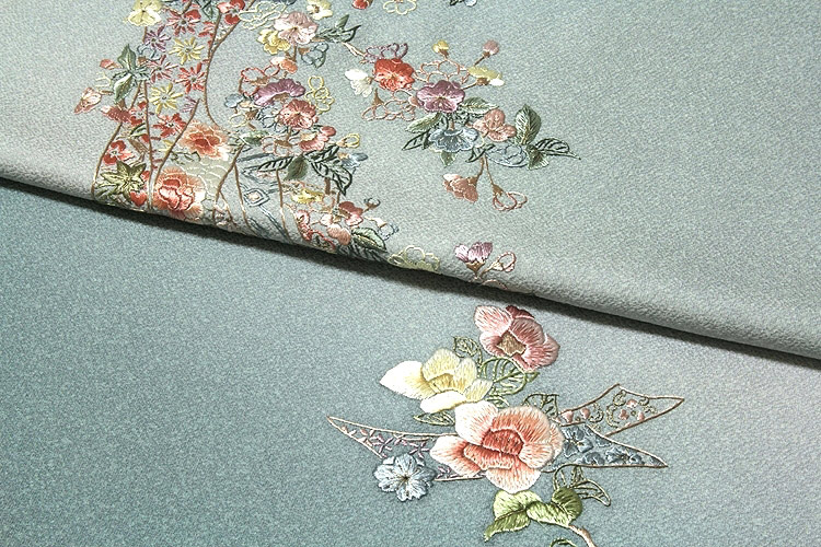 柄すべてが豪華な刺繍 「中国蘇州刺繍-玉椿」 ボカシ染め 正絹 付下げ