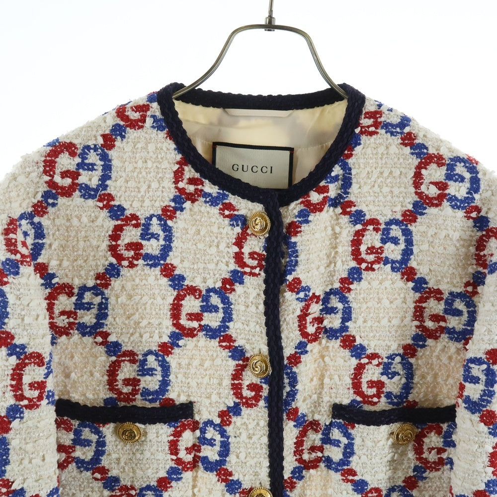 GUCCI(グッチ) 19SS GG総柄 ノーカラー ツイード ジャケット ホワイト