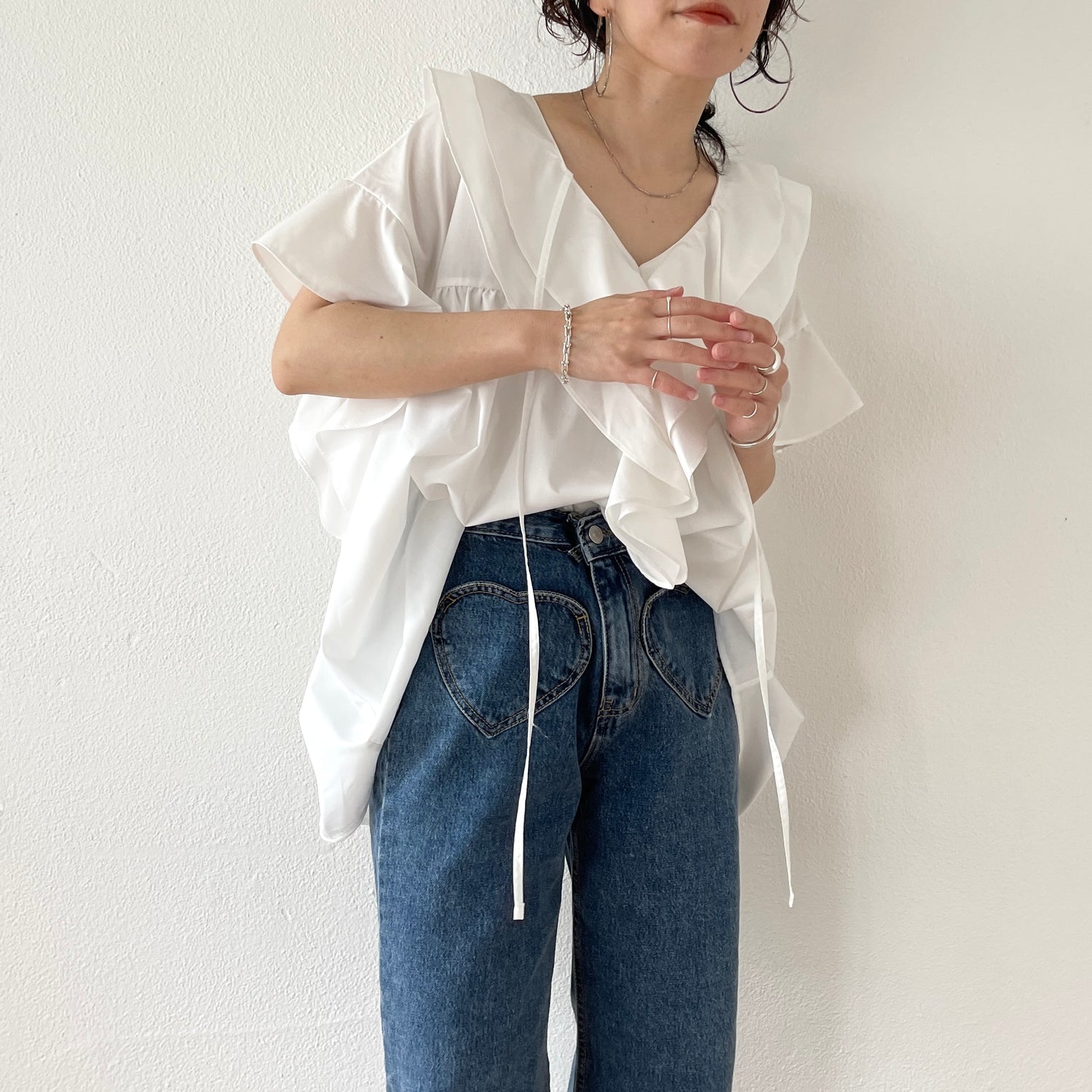 big collar frill half blouse / white | wee9s | ウィークス