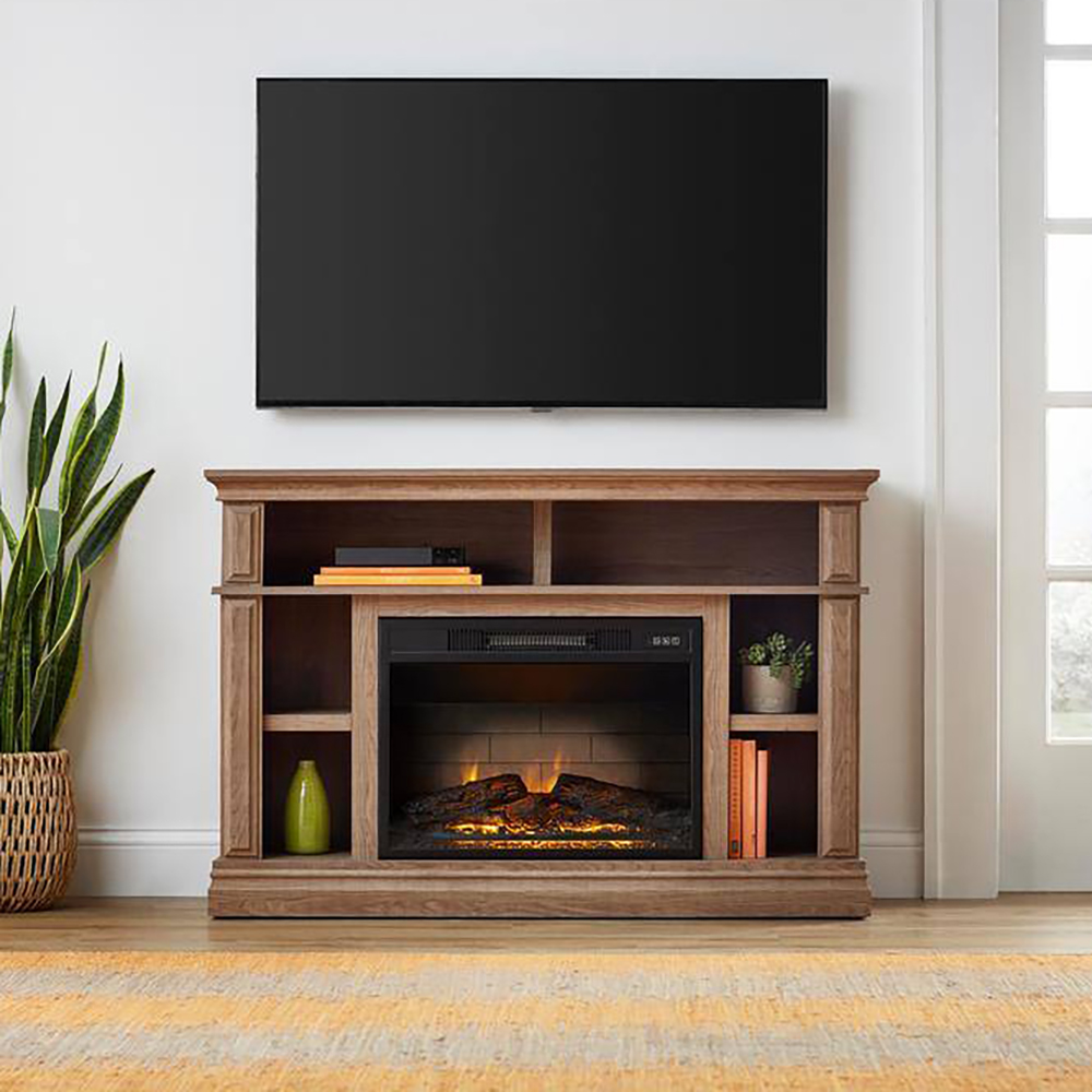 Wolcott 48in Brown Oak Open Shelf Electric Fireplace Media Console