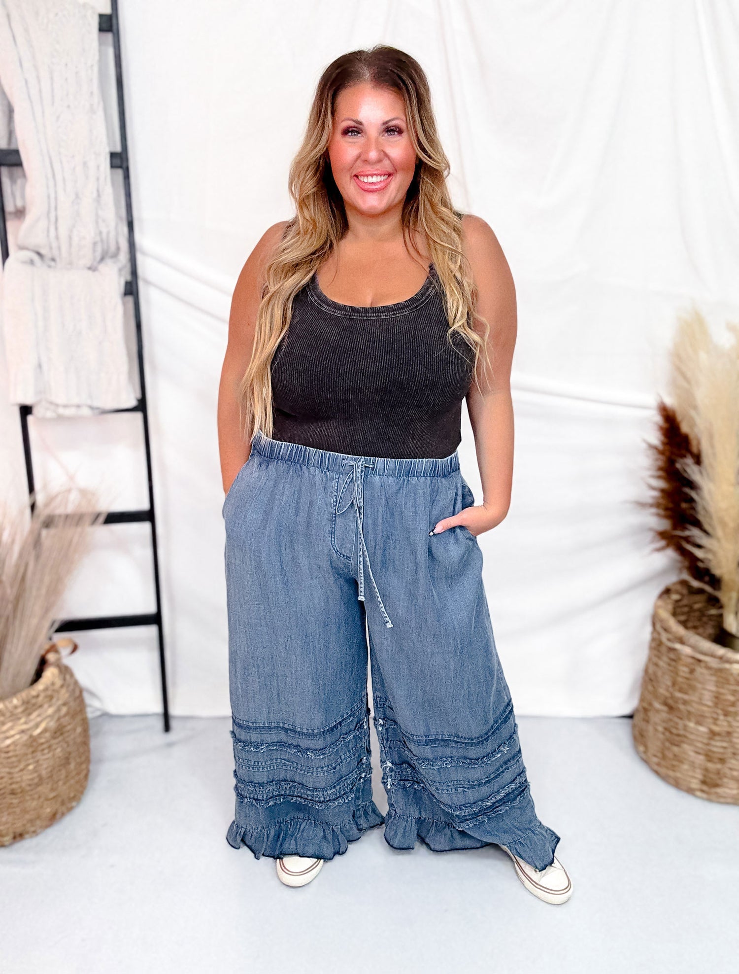 Ruffled Hem Wide Leg Chambray Pants In Dark Denim - Whiskey Skies