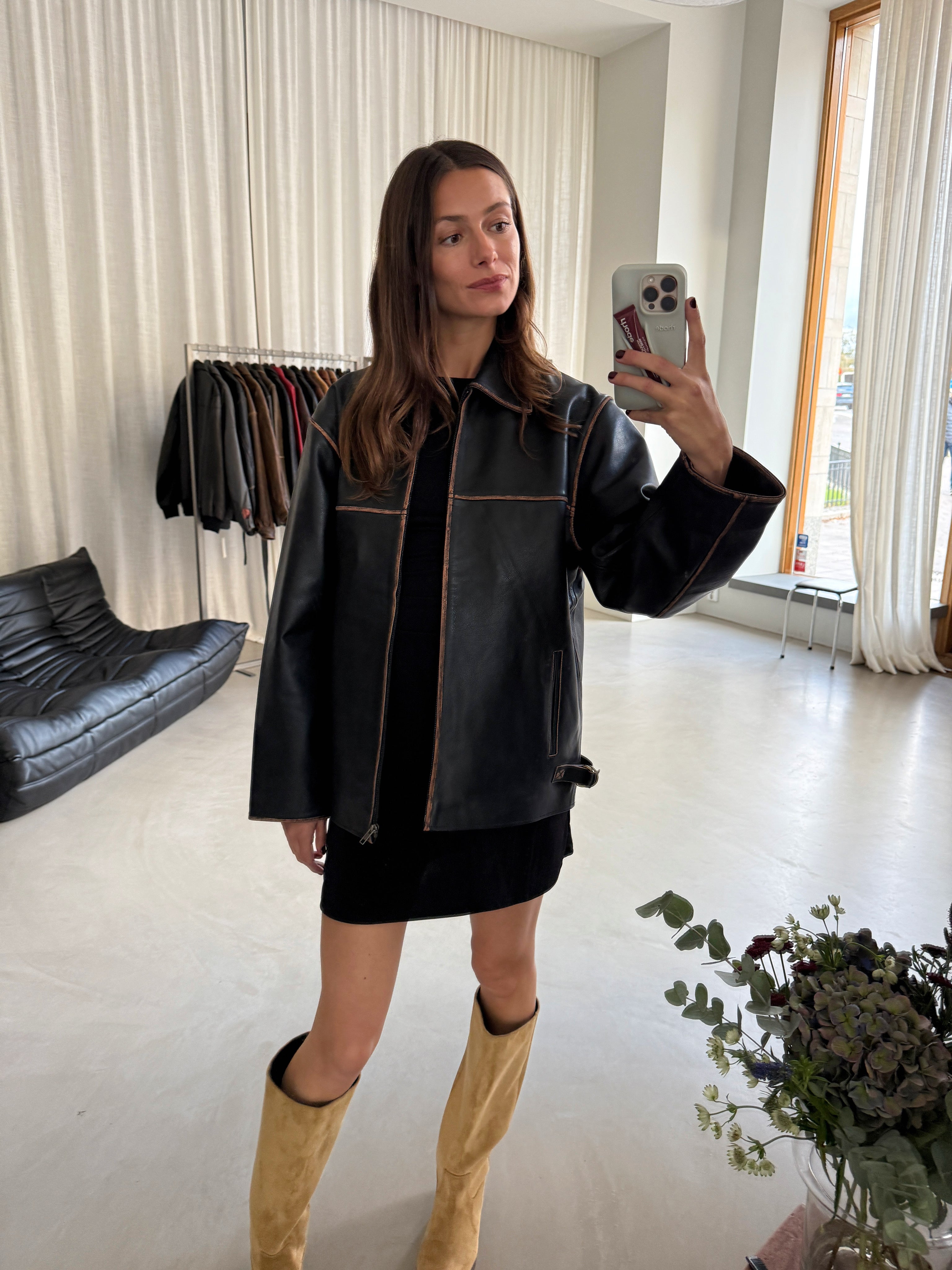 Black Oversized Upcycled Leather Jacket – Vintage Inspired | Worn