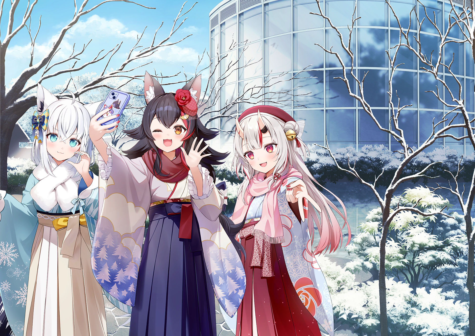 ホロライブの白上フブキさん，百鬼あやめさん，大神ミオさんと日本庭園