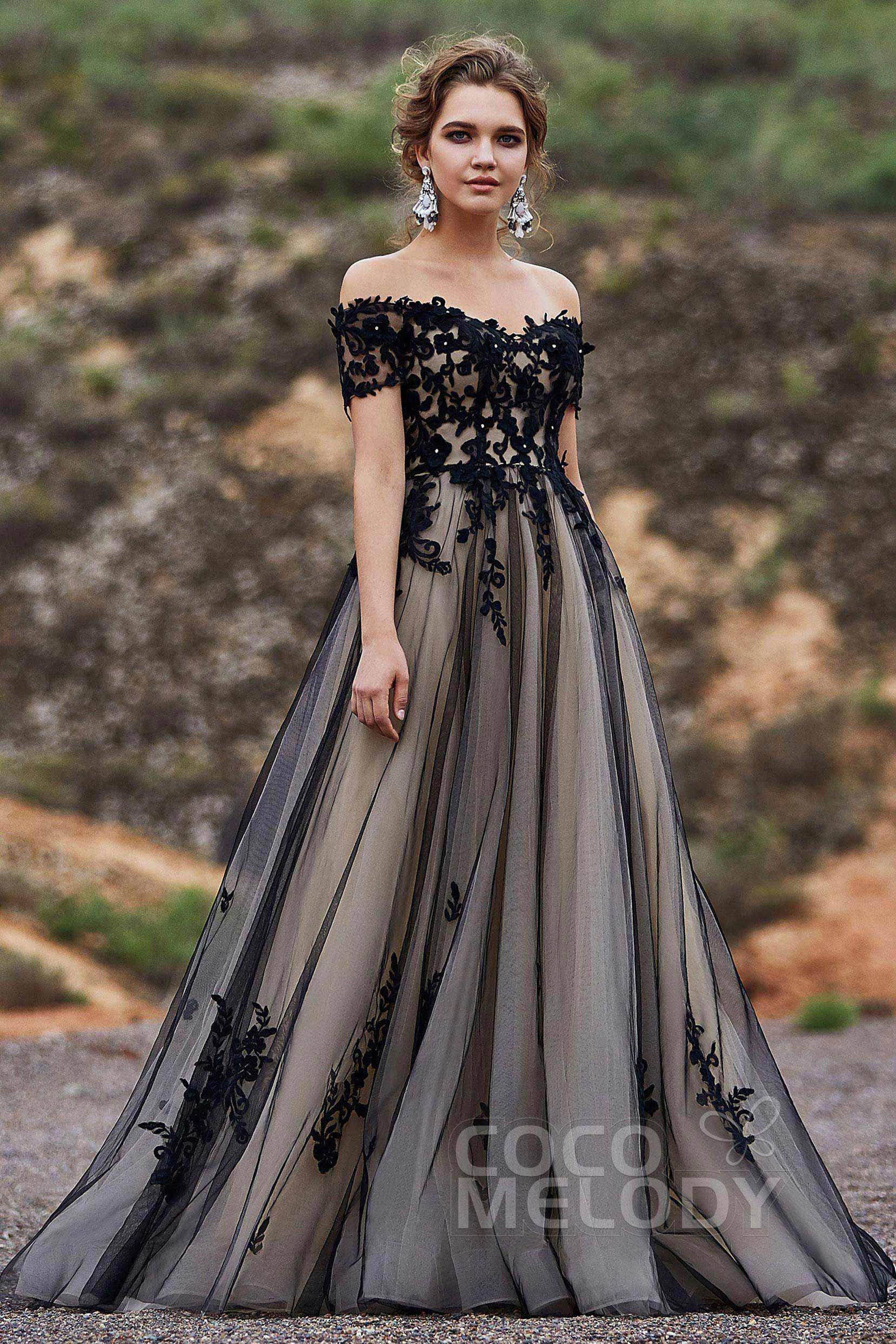 Cocomelody Off The Shoulder Tulle Gothic Black Wedding Dress