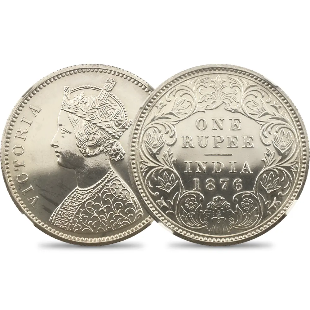 英領インド 1876C ヴィクトリア女王 ルピー銀貨 リストライク NGC PF62