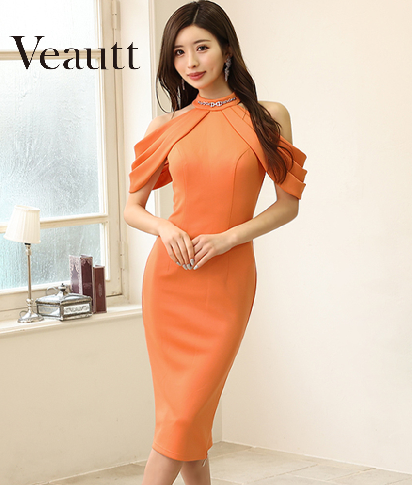 オレンジハイネックビジューミディ - カラードレス