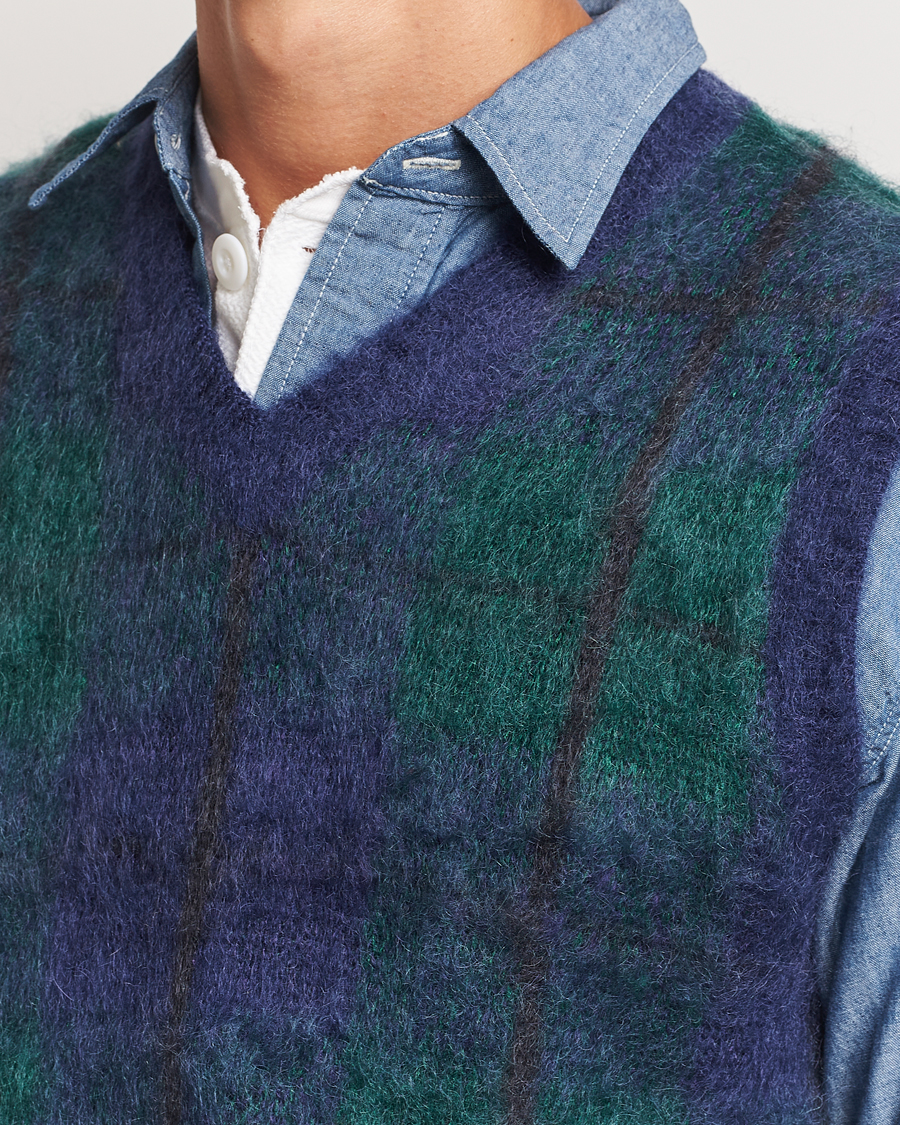 BEAMS PLUS Mohair Check Vest Navy at CareOfCarl.com