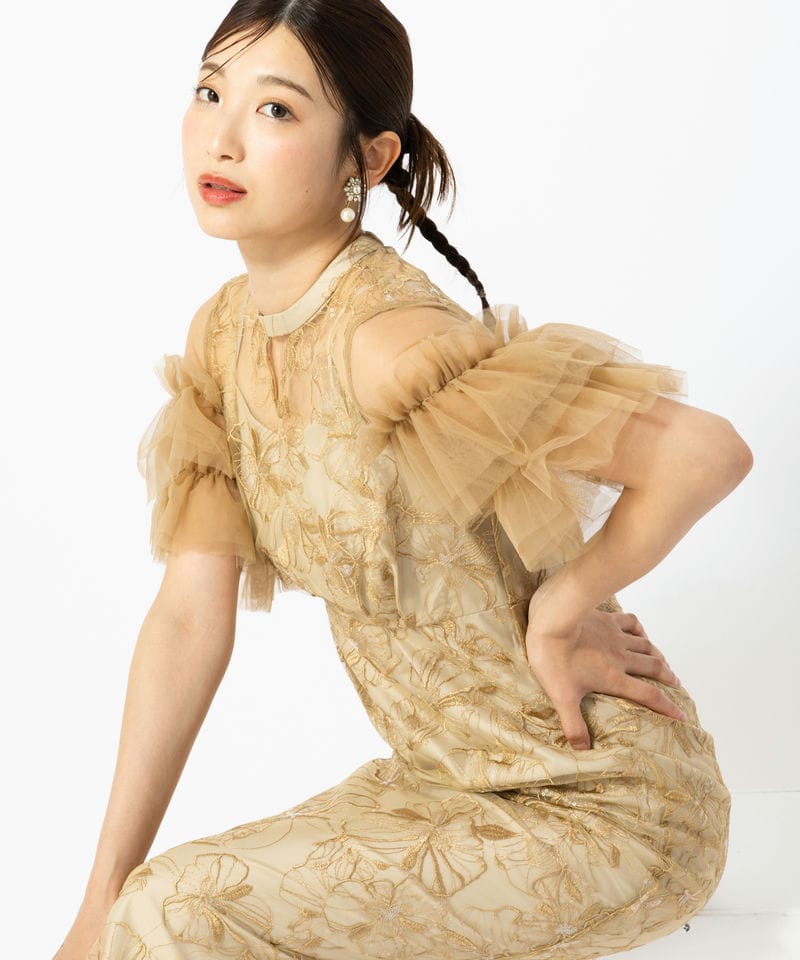 ANDRESD アンドレスド キーネックエンブロイダリードレス イエロー/S