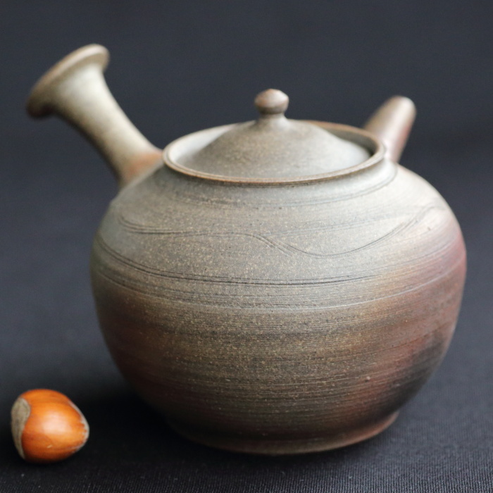 小川甚八 焼〆急須 満容量310ml 作家もの煎茶器 無釉横手ティーポット 桐箱