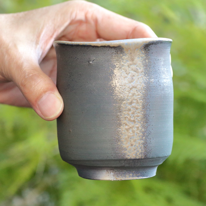 松井興之 備前藍彩湯呑 満容量240ml 作家ものカップ 登り窯焼成陶茶器