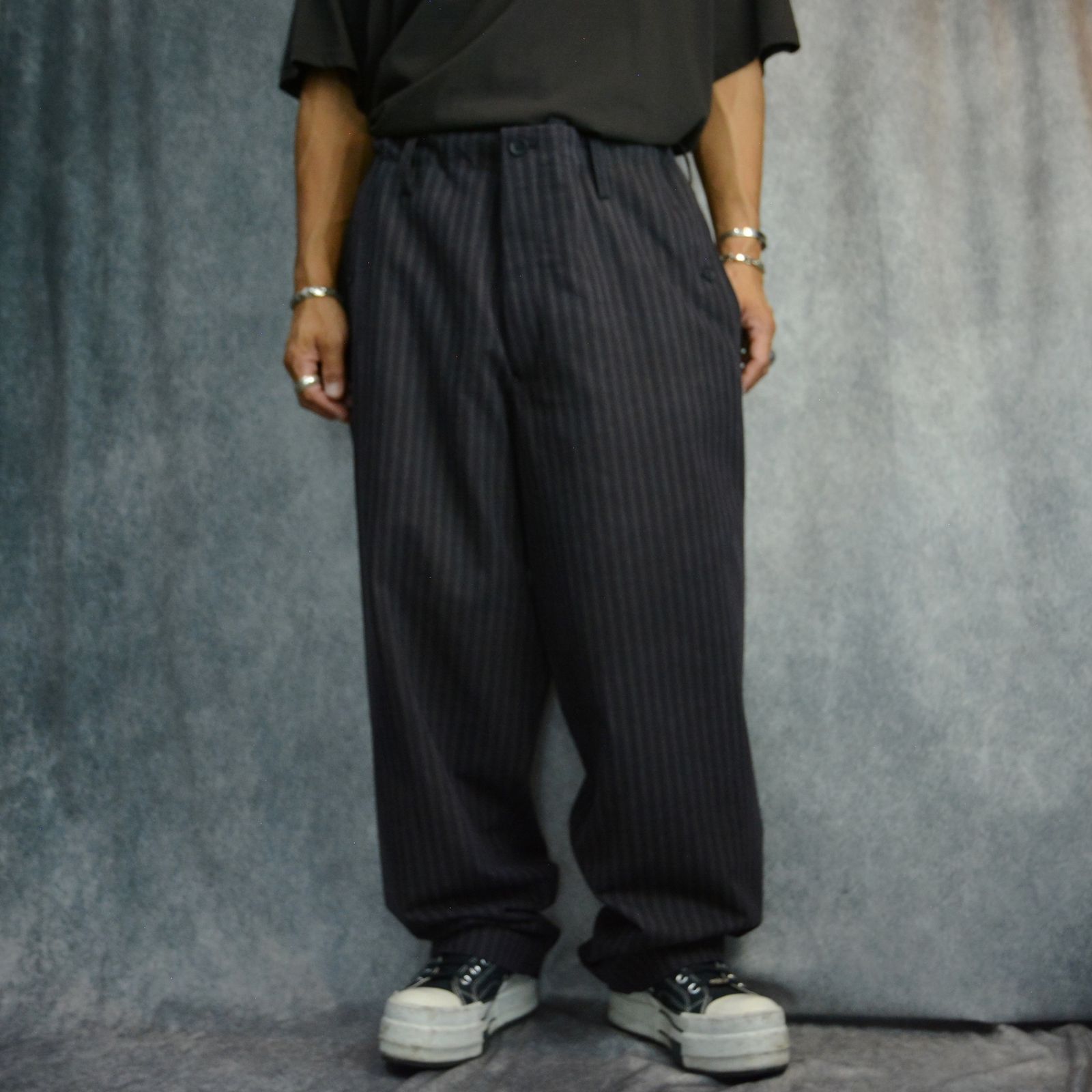 yohji yamamoto - PIGMENT WASH COTTON STRIPE PANTS （GRAY