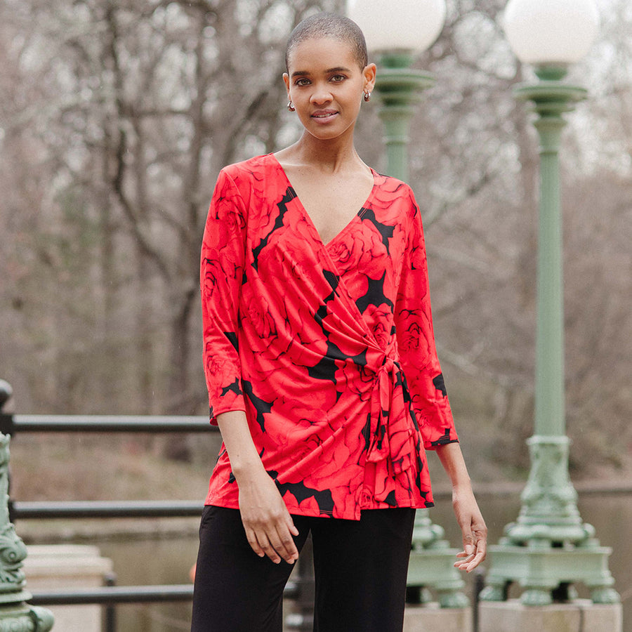 Surplice Faux Wrap Side Tie Tunic - Rose Floret - Final Sale