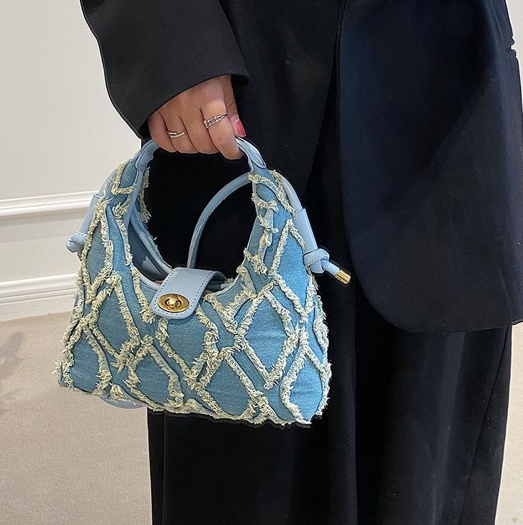 Woman's denim fringe one-shoulder Mini tote shoulder bag デニム