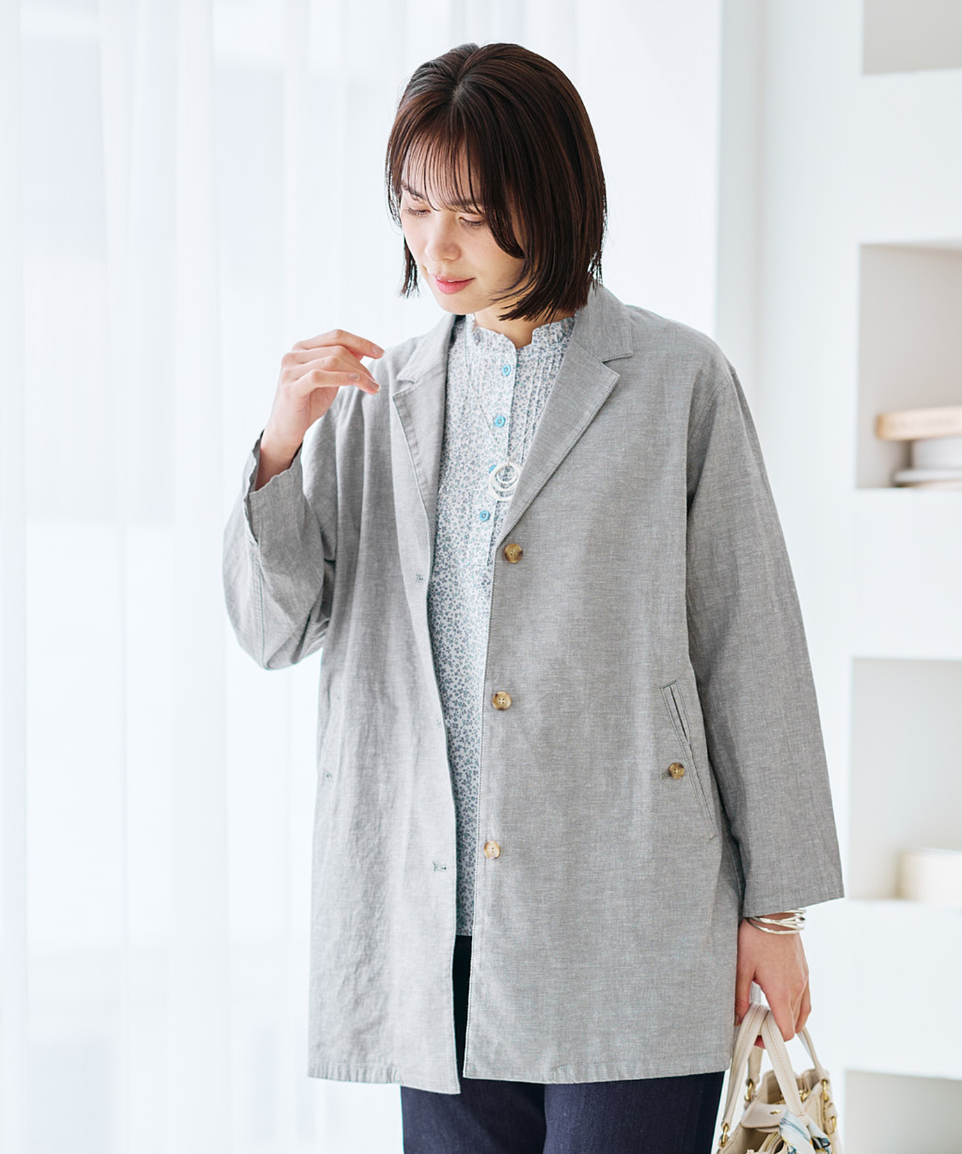 レディース リネンブレンド ロング ジャケット通販 [0304-61405