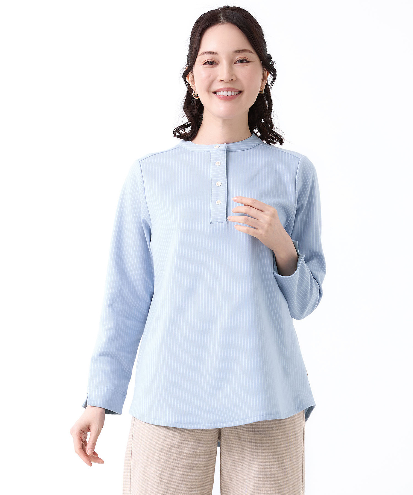 レディース ストライプ ヘンリーネック チュニック通販 [0302-56211