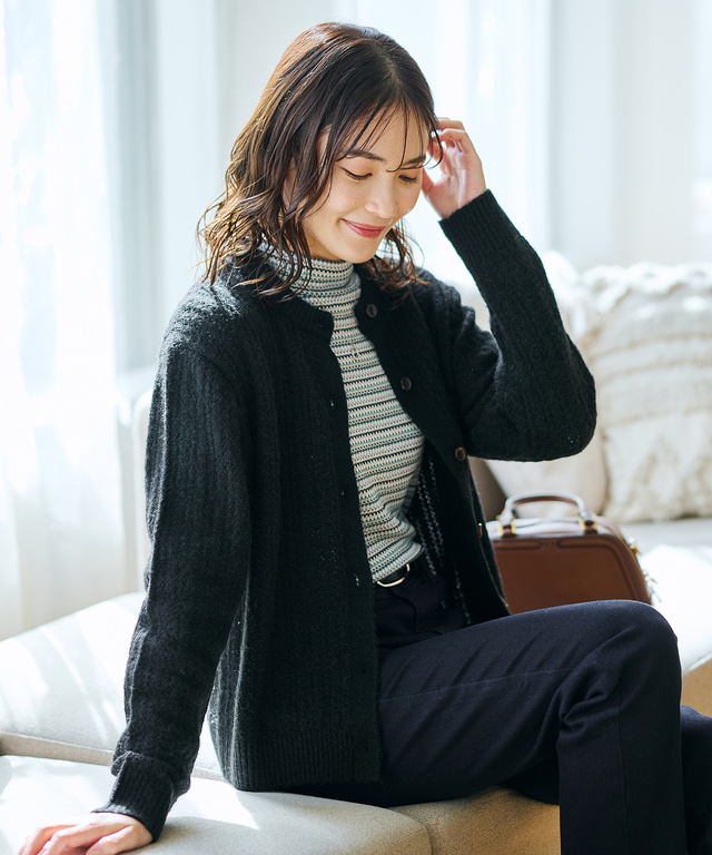 レディース ウールブレンド ケーブル ニットカーディガン【手洗いOK