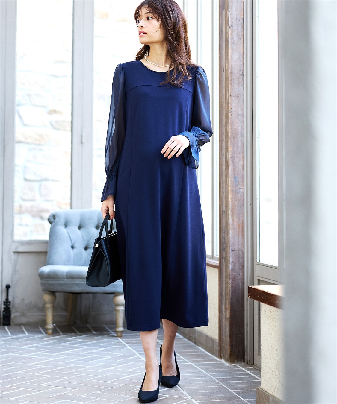 シフォンスリーブ ストレッチジョーゼットワンピース（マタニティ/授乳