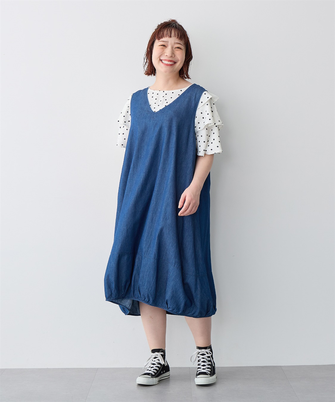 anyfee/プラスサイズ】Vネックデニムバルーンワンピース anyfee