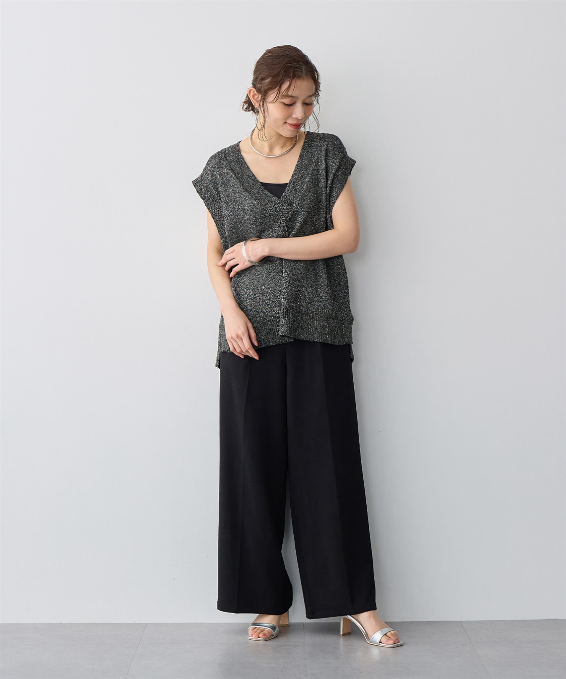 anyfee/プラスサイズ】ニットジョーゼットワイドパンツ anyfee｜クロス